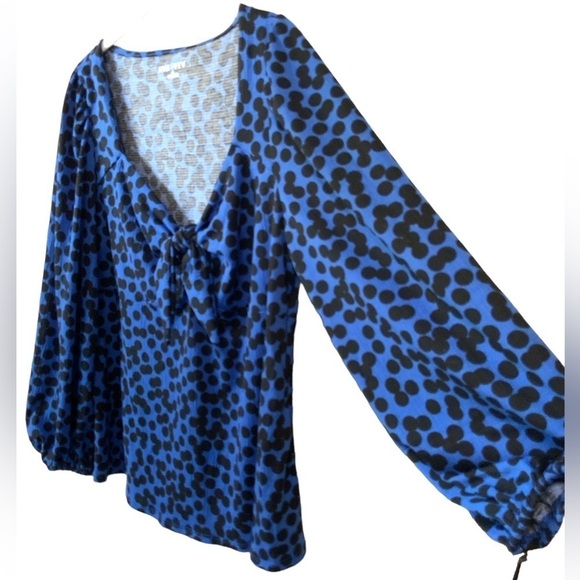 Ava & Viv 🆕 Royal Blue w/ Black Dot Blouse Balloon Sleeve Ruching Knot Front - Picture 5 of 9